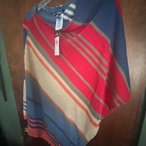 Chaps Striped Knit Wrap/Poncho in Red, Navy & Tan